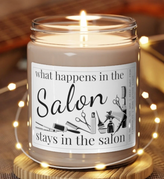 Funny Hair stylist Candle - What Happens in the Salon Stays in the Salon | Hair Dresser Gift, Cosmetology Gifts, HairStylist Appreciation